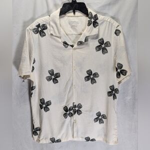 Porter & Ash Linen Blend Cream/Black Floral Camp Collar Button Down Shirt, XL